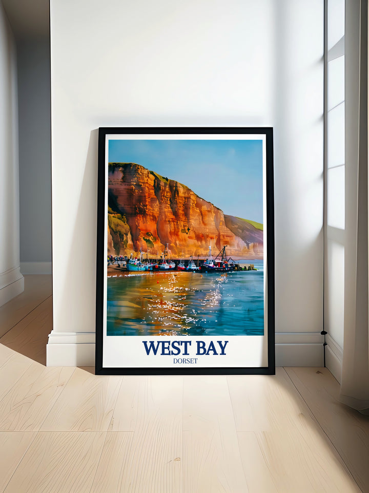 West Bay Harbour travel print showcases the lively and picturesque harbor along the Jurassic Coast. Ideal for fans of coastal living and nautical charm, this artwork brings the bustling atmosphere of West Bays harbor into any room, making it perfect for UK art lovers.