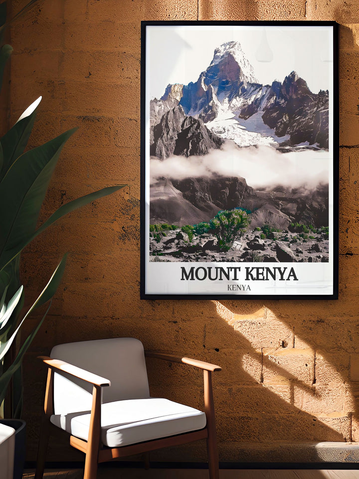 Framed prints of Mount Kenya National Park featuring Sirimon Route perfect for stunning living room decor blending contemporary aesthetics with timeless appeal ideal for travel poster collectors