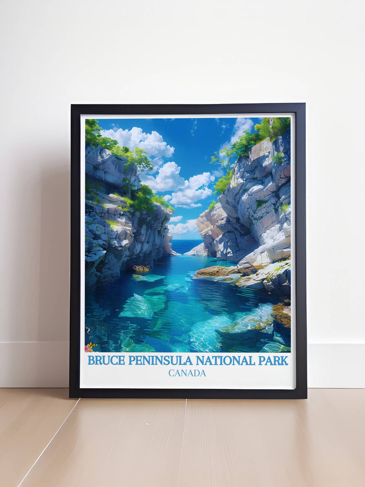The Grotto Travel Poster featuring vibrant colors and intricate details of this iconic destination in Canada making it an ideal addition to any Cottagecore Decor collection and a captivating piece of wall art