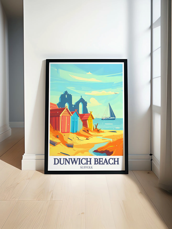 Dunwich Beach wall art highlights the tranquil beauty of one of Englands most scenic coastal spots, combined with the mystery of the ancient Dunwich Church Ruins. This Suffolk travel poster is perfect for those who love exploring the stories behind landscapes.