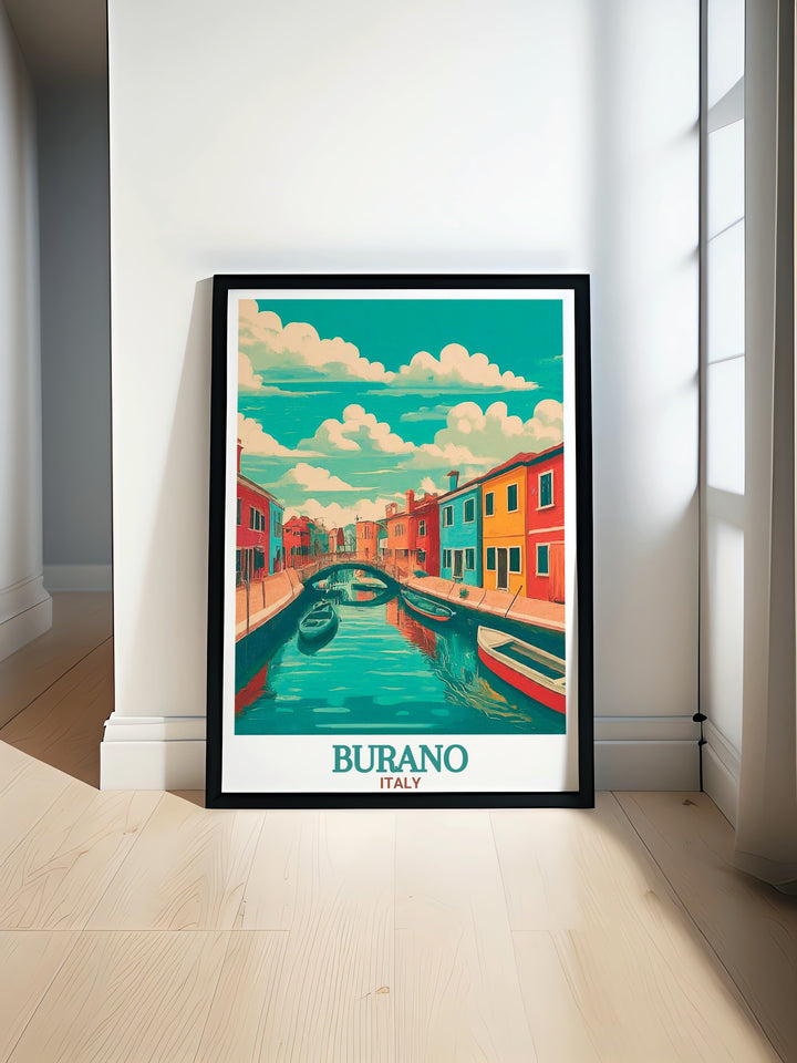 Burano Cityscape featuring vibrant colorful homes and serene Canals and Bridges reflecting in the water. Perfect for wall art or home decor this Burano print brings a touch of Italian charm and elegance to any space enhancing your living area with stunning visuals.
