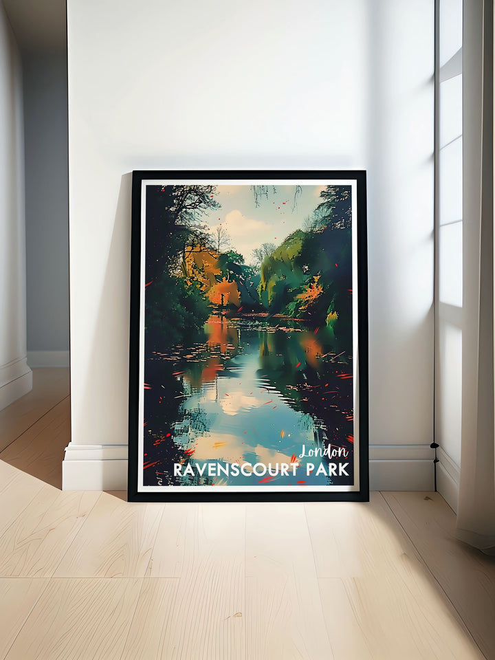 Ravenscourt Park Lake London Travel Poster showcasing serene water, lush greenery, and a historic plane tree. Perfect for adding a touch of tranquility to any living space, this vintage print captures the natural beauty and calm atmosphere of one of West Londons hidden gems.
