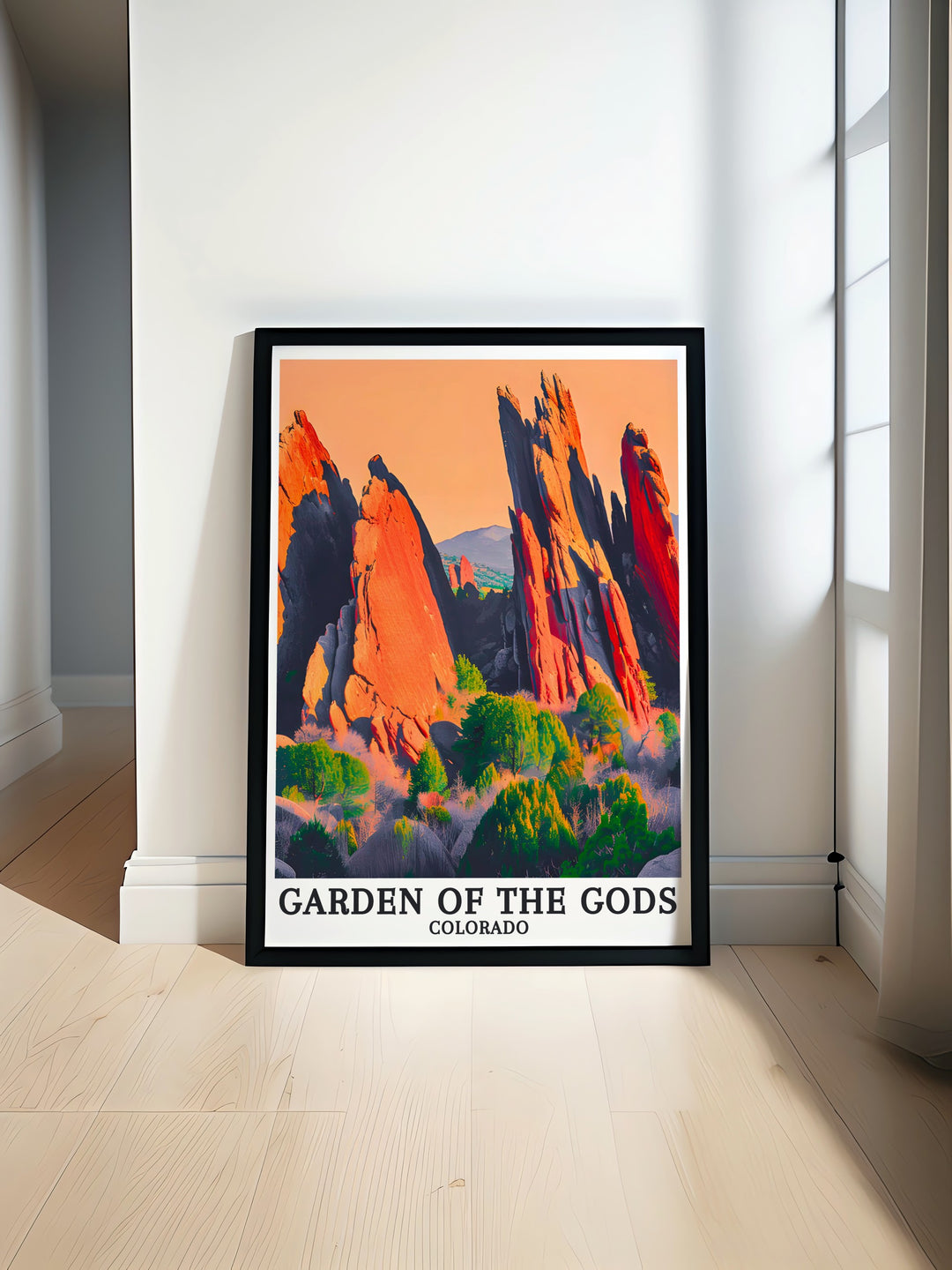 Gardens of the Gods Travel Poster and Colorado Springs Park South Gateway Rock Art Print showcasing the beauty of Colorado with vibrant colors and stunning rock formations perfect for home decor or as a Colorado gift for nature lovers and adventurers.