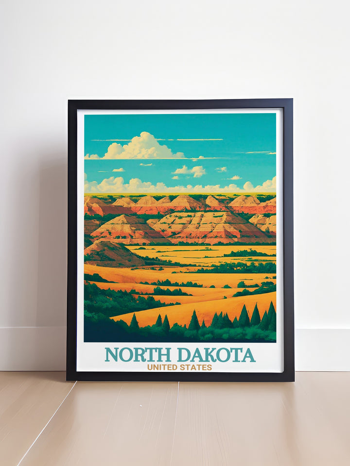 Theodore Roosevelt National Park Travel Poster showcasing the dramatic landscape of North Dakotas Badlands. This travel print is perfect for nature lovers, offering a striking view of the parks iconic rock formations and wide open spaces. A great addition to any adventure themed decor.