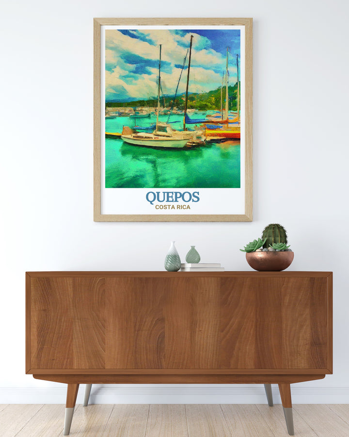 Quepos, with its rich culture and proximity to Marina Pez Vela, is captured in this stunning print. The artwork reflects the towns lively atmosphere and the marinas picturesque scenery, making it an excellent choice for coastal themed decor. Bring a piece of Costa Rica into your home with this beautiful print.