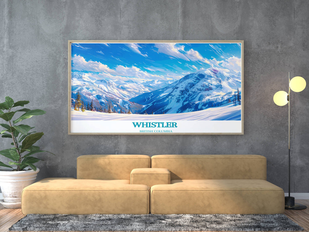 Fine art print of Whistler Blackcomb, showcasing the resorts rugged landscapes and vibrant village. A beautiful piece that brings the essence of British Columbias outdoor beauty into your home decor, perfect for nature lovers.