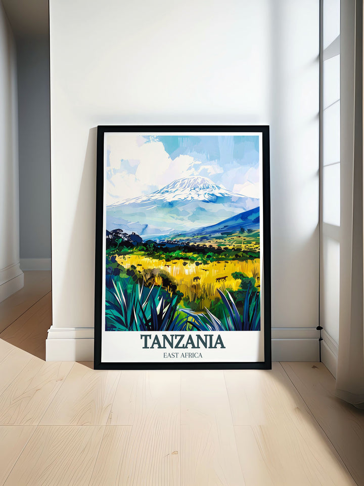 Serengeti Wall Art featuring giraffes and stunning landscapes paired with Mount Kilimanjaro Arusha National Park Modern Decor showcasing the beauty of Africas most famous safari destinations perfect for your living room or office decor.