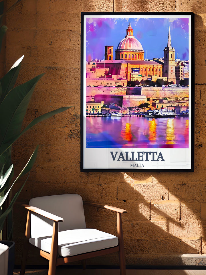 Our detailed Malta artwork highlights Vallettas architectural wonders, with a focus on St. Johns Co Cathedral and the Basilica of Our Lady of Mount Carmel. Ideal for those who appreciate historic European cities.