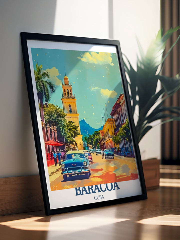 Detailed digital download of Baracoas historic town, featuring the majestic El Yunque Mountain and the beautiful Catedral De Nuestra Senora De La Asuncion. This print captures the essence of Cubas oldest city, perfect for any art collection or as a travel memento.