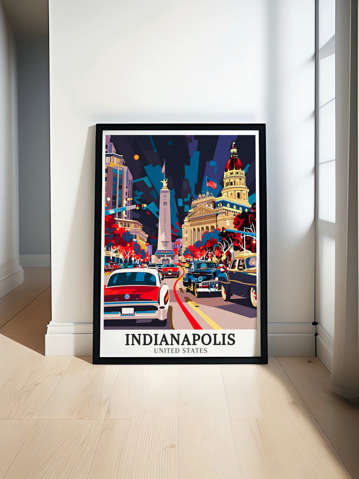 Indiana Statehouse Wall Art. Featuring the beautiful scenes of the Soldiers and Sailors Monument and Indiana Statehouse, this wall art collection is perfect for enhancing your home decor with the charm of Indianas historic landmarks. Perfect for any space.