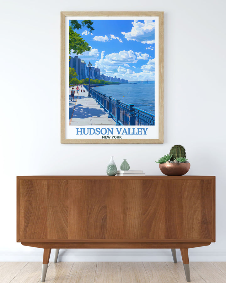 Create a statement wall with this Hudson Riverfront Park wall art featuring the iconic Hudson Valley region perfect as living room or office decor with its stunning fine line print making it an ideal gift for art lovers or anyone seeking stylish home decor.