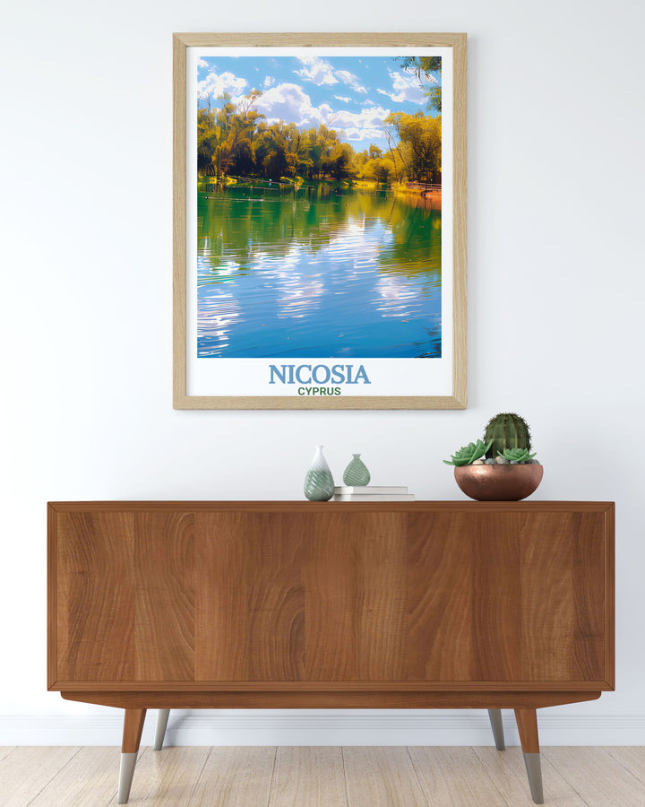 A beautiful Nicosia poster print that showcases the citys streets and the serene Athalassa Reservoir. This wall art is perfect for adding a touch of Cyprus to your home decor, offering a unique blend of architectural and natural beauty in one stunning piece.