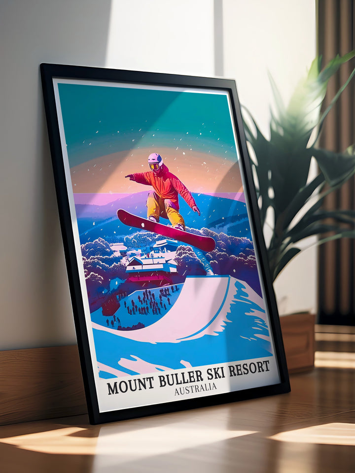 Mt Buller Terrain Park Travel Print capturing the energy and excitement of one of Australias most popular snowboarding and skiing destinations. The detailed artwork brings to life the challenging slopes and dynamic atmosphere, perfect for winter sports enthusiasts and adventurers.