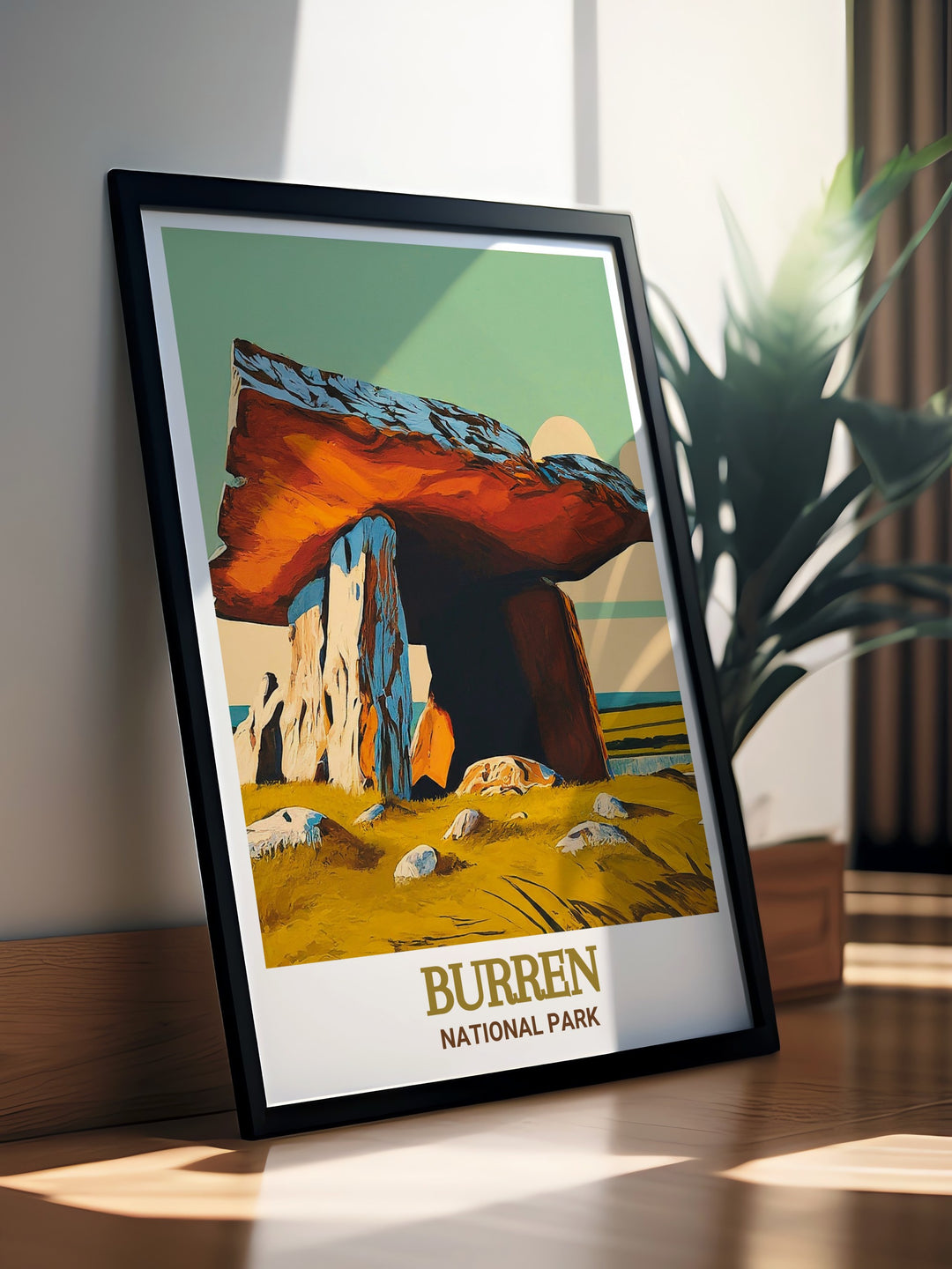 This Burren National Park art print highlights the unique textures and patterns of Irelands famous limestone formations, with colorful wildflowers adding contrast. Ideal for nature lovers, this artwork brings the rugged beauty of the Burren into your home.