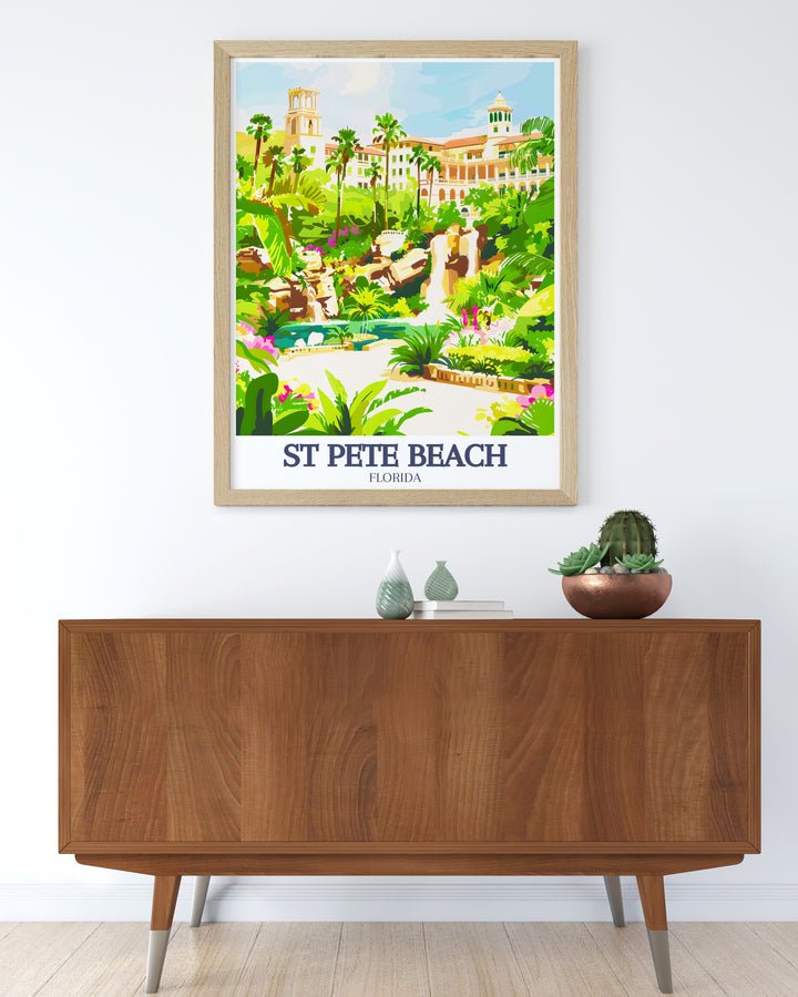 Elegant St Pete Beach print featuring the stunning St Pete shoreline and Saint Pete Beach Hotels ideal for those who love Florida artwork and want to bring the beauty of the coast into their living space