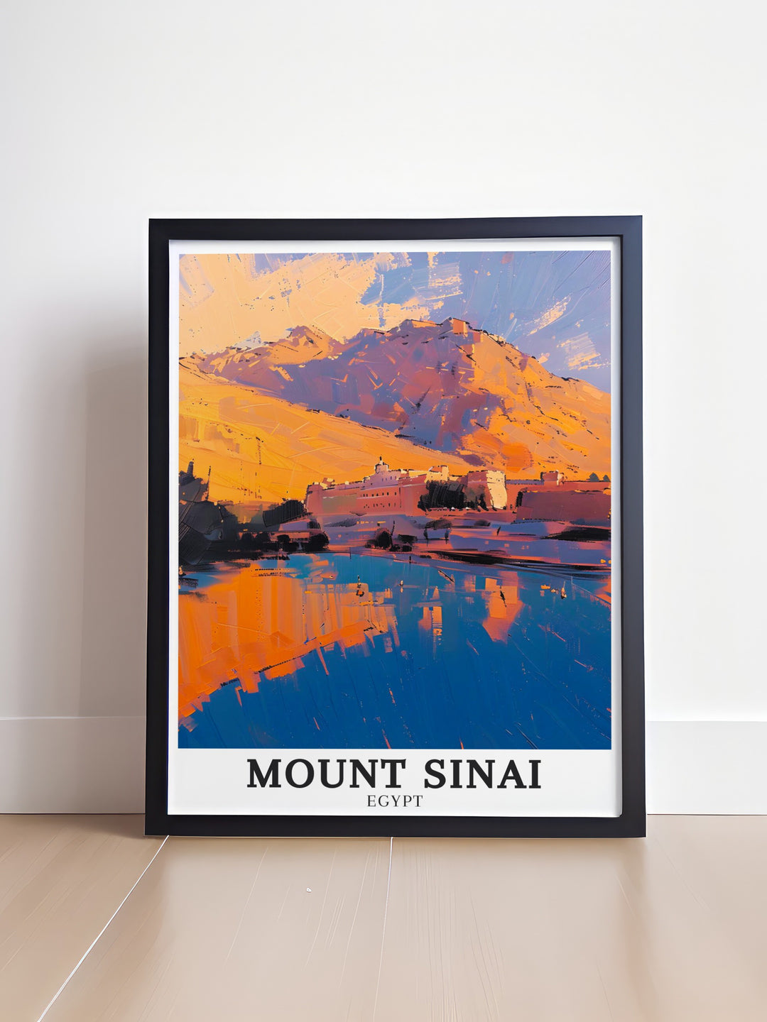 Jabal Musa depicted in this Mount Sinai Art piece stands tall against the backdrop of the Sinai High Mountain Range with the Monastery of Saint Catherine adding historical depth a beautiful choice for those seeking meaningful wall art