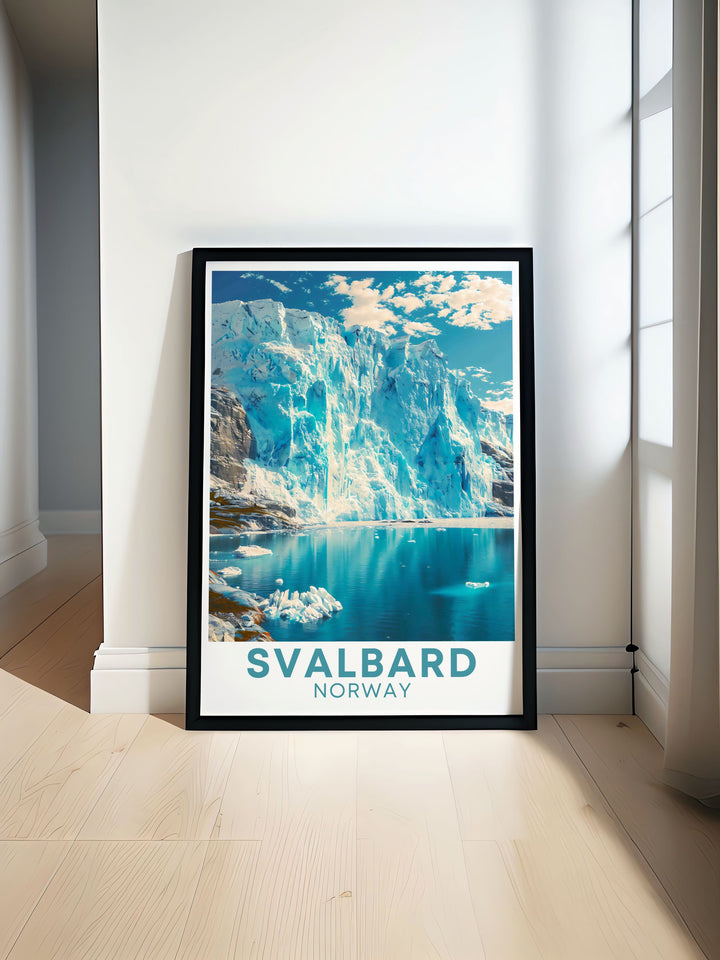 Stunning Nordenskiold Glacier poster featuring the breathtaking beauty of Svalbard. This travel poster print with a carefully selected color palette is perfect for home decor and makes an ideal vintage poster and personalized gift.