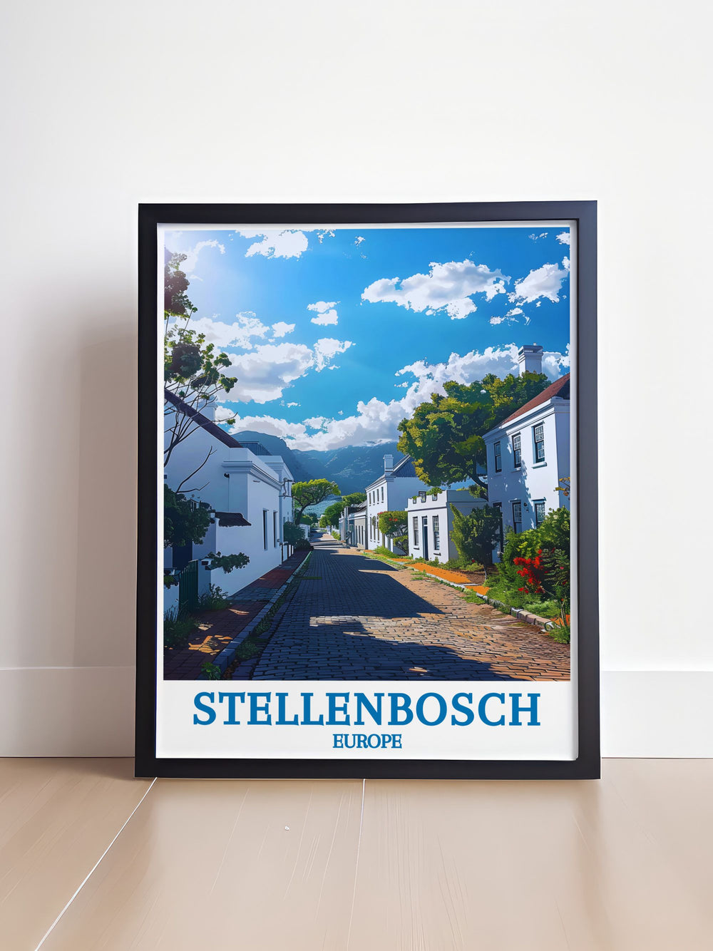 Embrace the cultural vibrancy and historic allure of Stellenbosch with this travel poster, depicting the scenic beauty of Dorp Street.