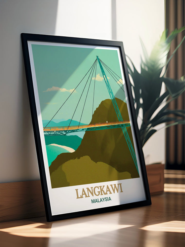 A vibrant Langkawi poster showcasing the breathtaking views from the Langkawi Sky Bridge. This travel print emphasizes the lush greenery and dramatic sky of Langkawi, making it a striking addition to any home or office as a piece of wall art or framed decor.