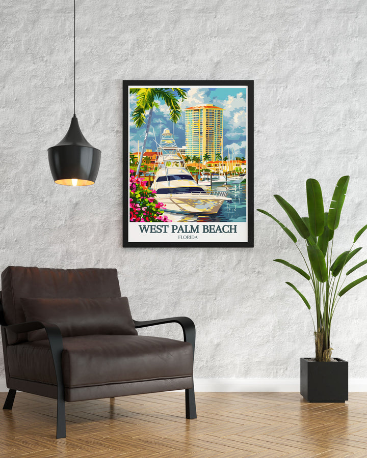 Florida travel print of Palm Harbor Marina South Florida perfect for home decor this modern art poster showcases the serenity of the marina and West Palm Beach a great way to bring the tropical charm of South Florida into any living space