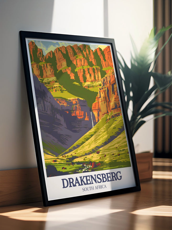 This travel print highlights the stunning landscapes of Giants Castle and Royal Natal National Park. With intricate details and vibrant colors, its the perfect decor for anyone who admires the natural wonders of South Africa and enjoys exploring breathtaking mountain scenery.