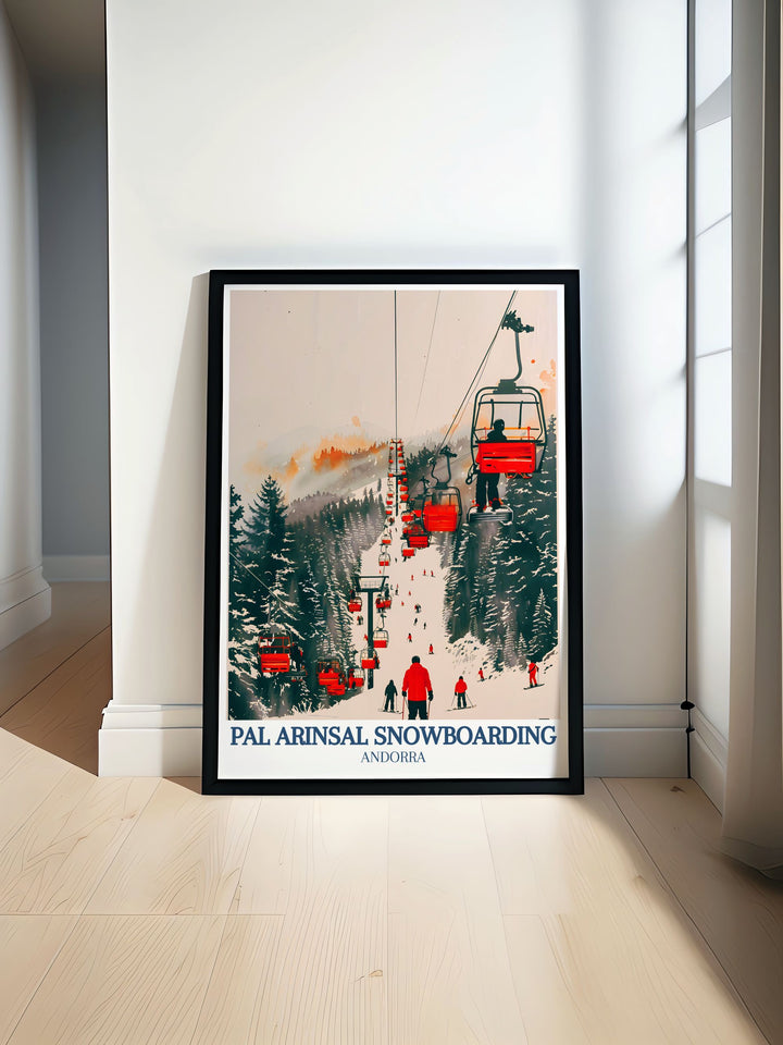 Retro Ski Poster featuring Andorras Pyrenees Mountains with a view of Vallnord ski area and Port Vell perfect for elegant home decor and vintage ski enthusiasts highlighting the beauty of Andorras renowned ski resorts and stunning landscapes