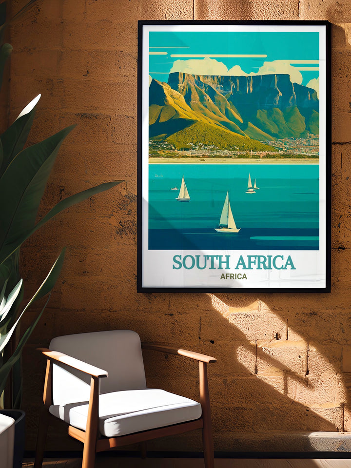 Table Mountain travel poster featuring the iconic flat topped summit and breathtaking panoramic views of Cape Town. This print captures the essence of one of South Africas most recognizable landmarks, perfect for nature lovers and adventure enthusiasts. A timeless piece for home decor celebrating Africa.