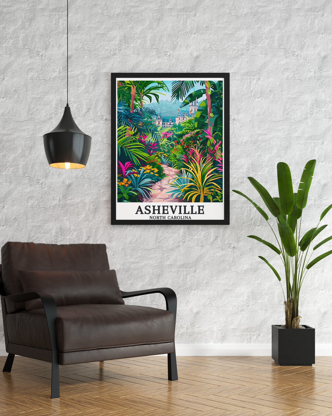 Discover the artistic beauty of Asheville with this colorful print showcasing Western North Carolina Botanical Garden and The Biltmore Estate ideal for enhancing your home or gifting to loved ones who appreciate the citys unique charm.