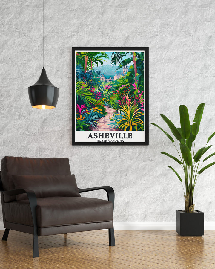 Discover the artistic beauty of Asheville with this colorful print showcasing Western North Carolina Botanical Garden and The Biltmore Estate ideal for enhancing your home or gifting to loved ones who appreciate the citys unique charm.