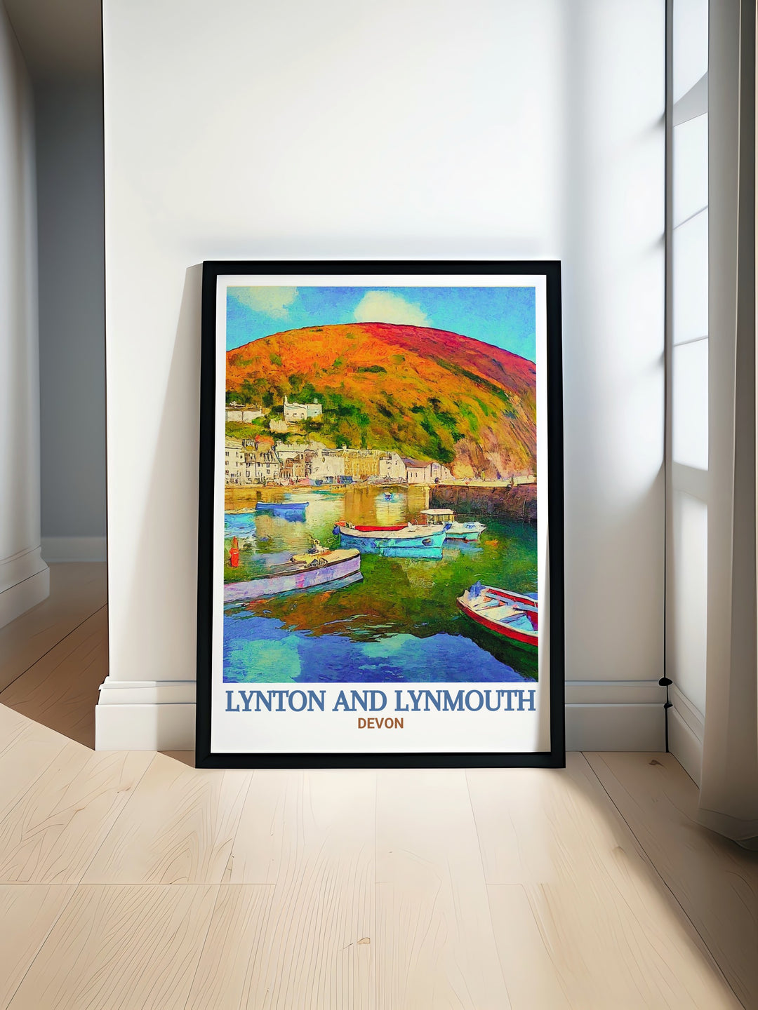 Lynmouth Harbour travel poster, showcasing the serene landscapes and natural beauty of this unique coastal landmark in Lynton And Lynmouth. This print captures the essence of Lynmouth Harbours charm, perfect for enhancing your home decor with a touch of coastal splendor.