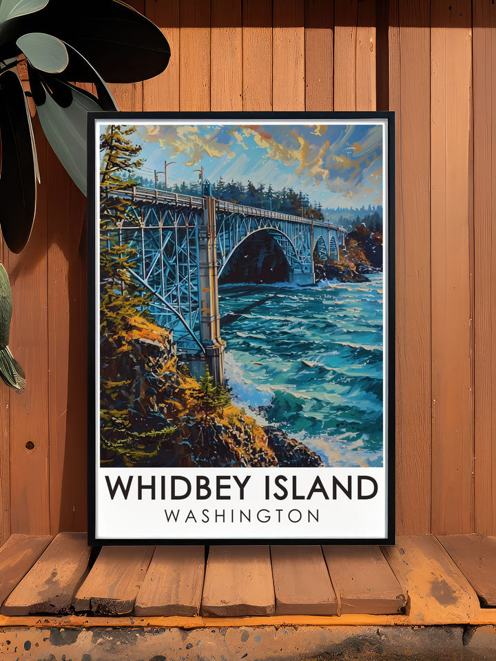 Whidbey Island travel poster print with Deception Pass Bridge offering a stunning visual representation of Washingtons iconic landmarks ideal for modern art enthusiasts and vintage poster collectors alike