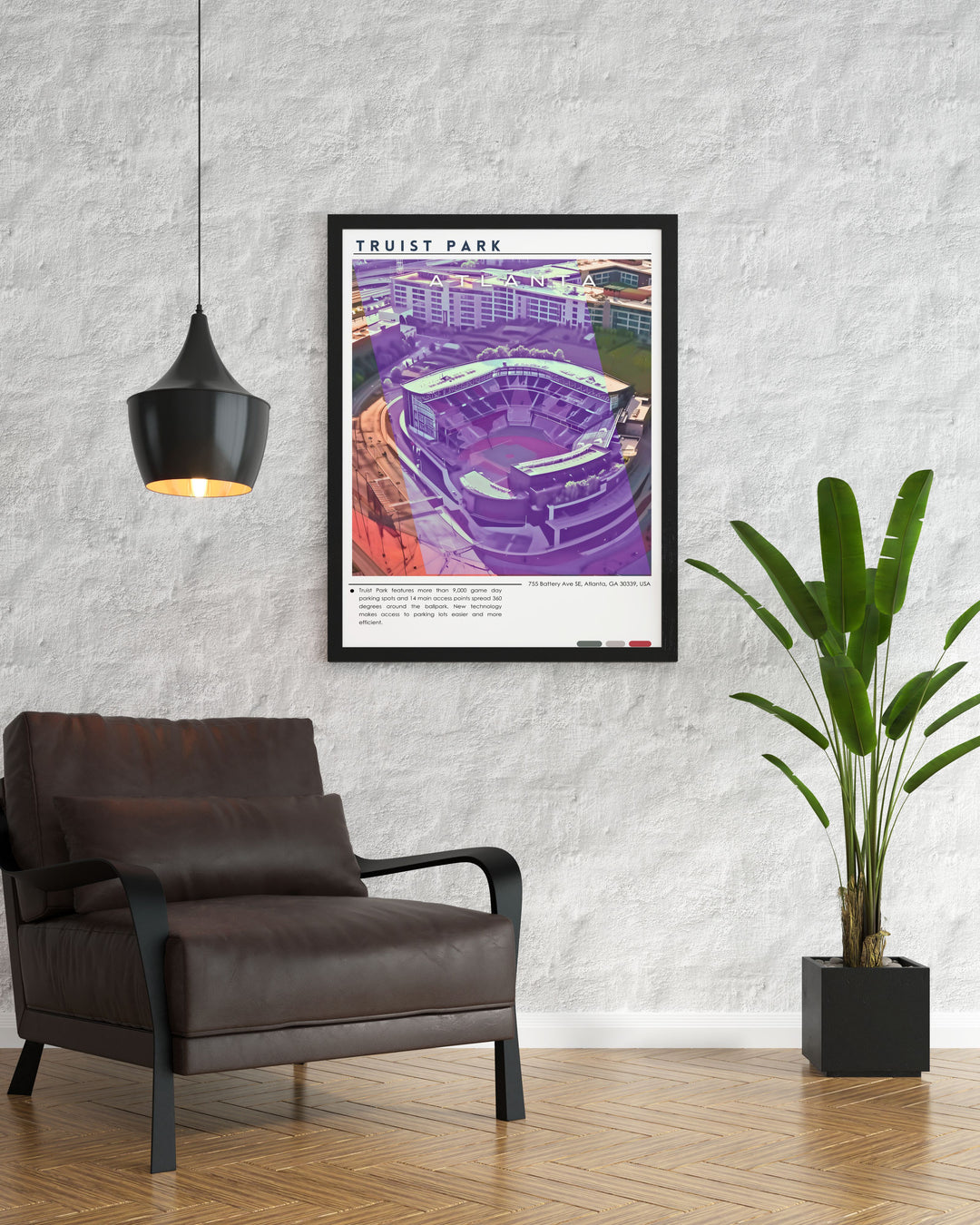 Braves print showcasing Truist Parks iconic skyline and city map this art piece is perfect for baseball enthusiasts who want to bring a piece of the game into their home the intricate design captures the essence of the stadium