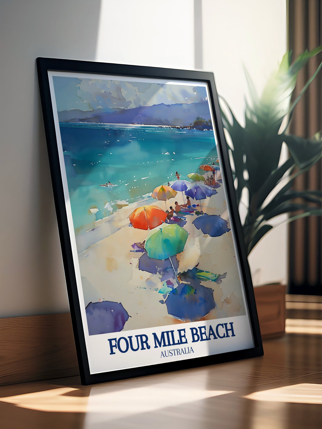 Four Mile Beach art print showcases the peaceful expanse of sand and sea, offering a stunning snapshot of one of Australias favorite beaches. Ideal for coastal decor, this print adds serenity and beauty to any room in your home.