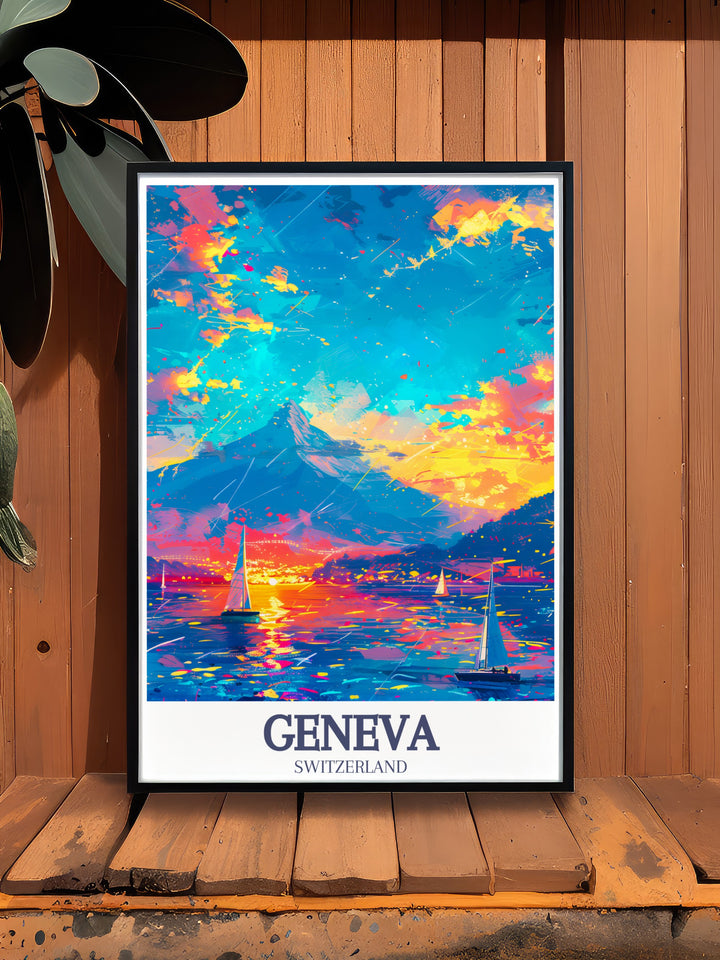 This minimalistic art print of Geneva and Lake Geneva offers a serene and elegant portrayal of Switzerlands beauty. With Mont Blanc in the background, the poster serves as a wonderful piece of wall art that will inspire wanderlust and admiration for the Swiss Alps.