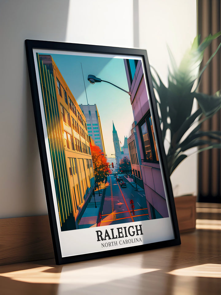 Detailed Durham print showcasing the historic landmarks and modern developments that define the city, alongside the vibrant energy of Downtown Raleigh. This artwork beautifully illustrates the blend of history and innovation in North Carolina, perfect for Raleigh wall art lovers