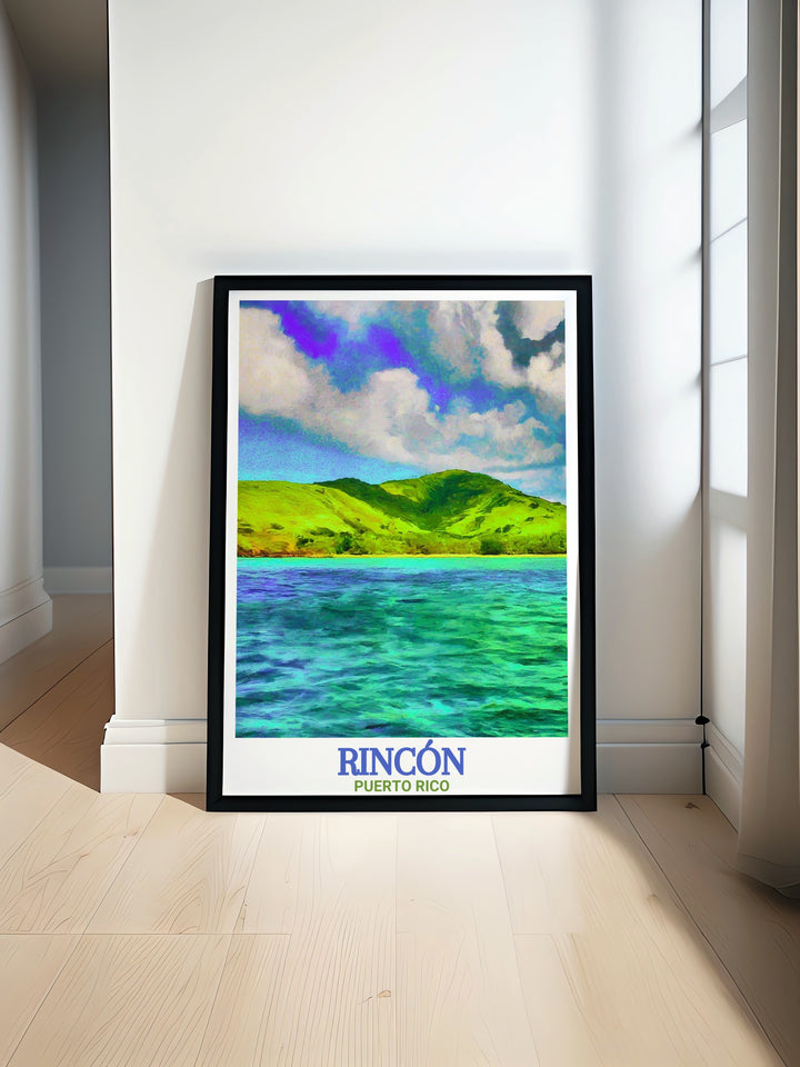 A stunning poster print of Rincón Beach in California, showcasing the golden sands, vibrant waves, and the tranquil view of Desecheo Island in the distance. This travel poster makes a perfect gift for travelers and those who adore beachside artwork.