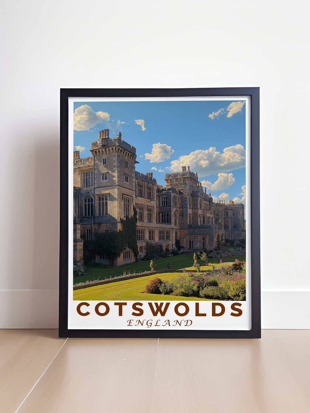 Highlighting the serene vistas of the Cotswolds and the regal atmosphere of Sudeley Castle, this travel poster is perfect for those who appreciate the scenic and historical richness of England.