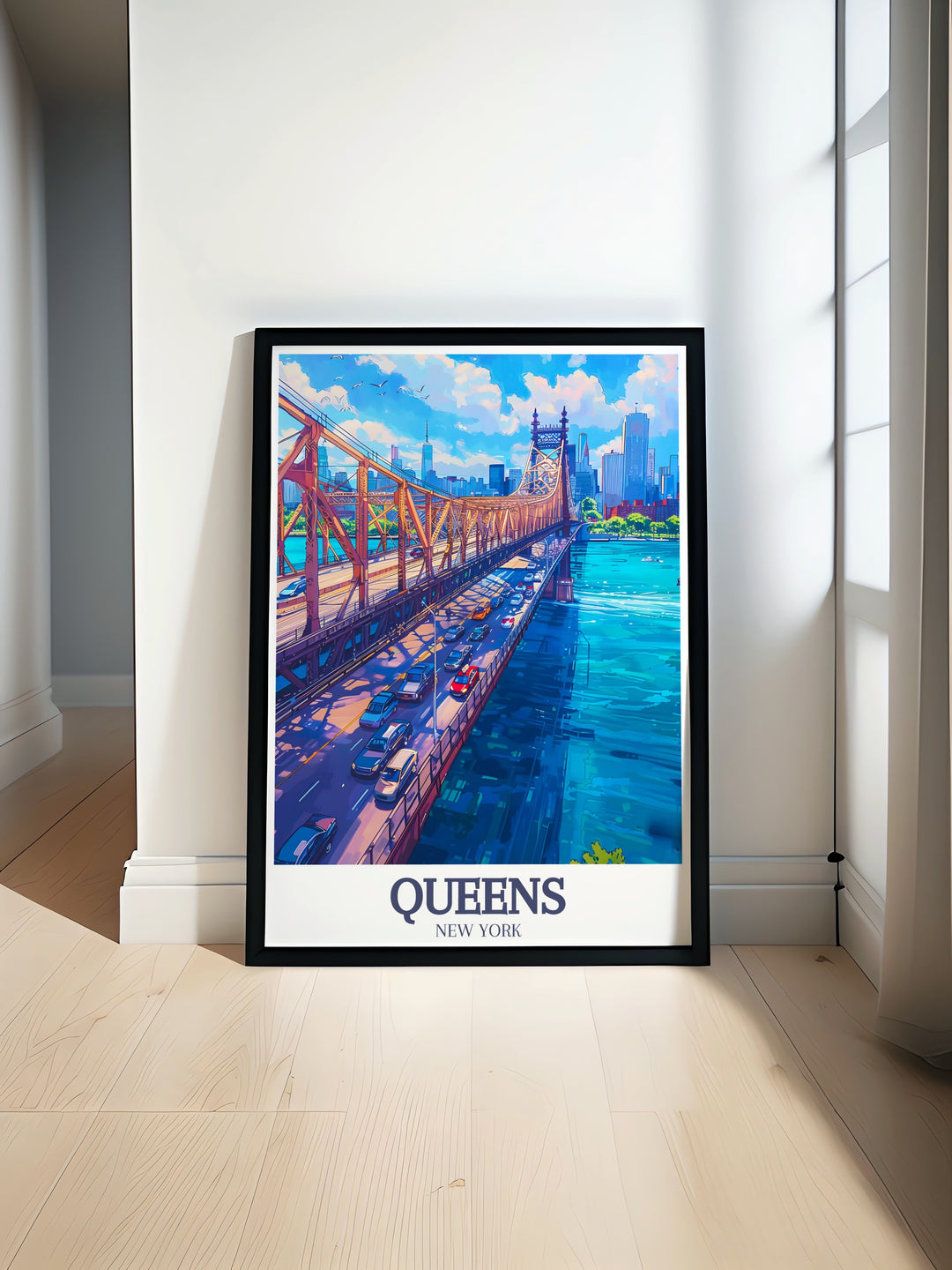 Queensboro Bridge East River travel poster print showcasing the iconic New York City landmark with a vibrant city color palette perfect for modern home decor and elegant living room wall art adding sophistication and style to any space