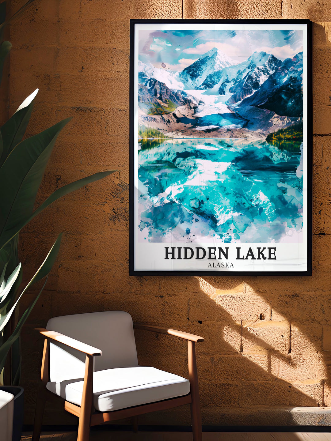 Hidden Lake travel print featuring the peaceful waters and surrounding mountain ranges of one of Alaskas hidden gems. This artwork brings the calm and beauty of nature into your home, making it a perfect addition for those seeking relaxation and inspiration from the great outdoors.