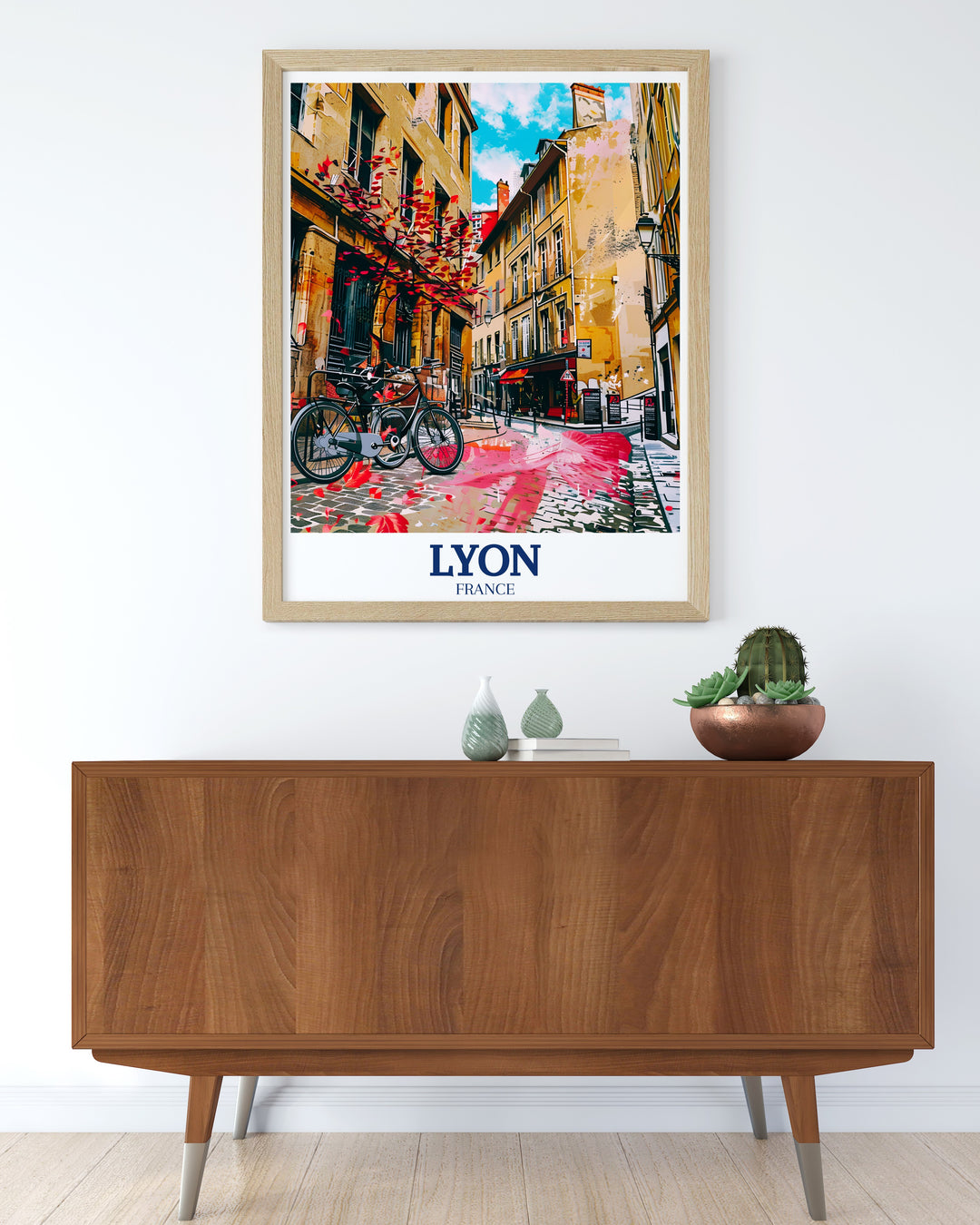 This Lyon travel poster features Old Town and Trinity Town Square, combining detailed line work with a modern, colorful design. An eye catching art piece that celebrates Lyons unique blend of history and modernity.