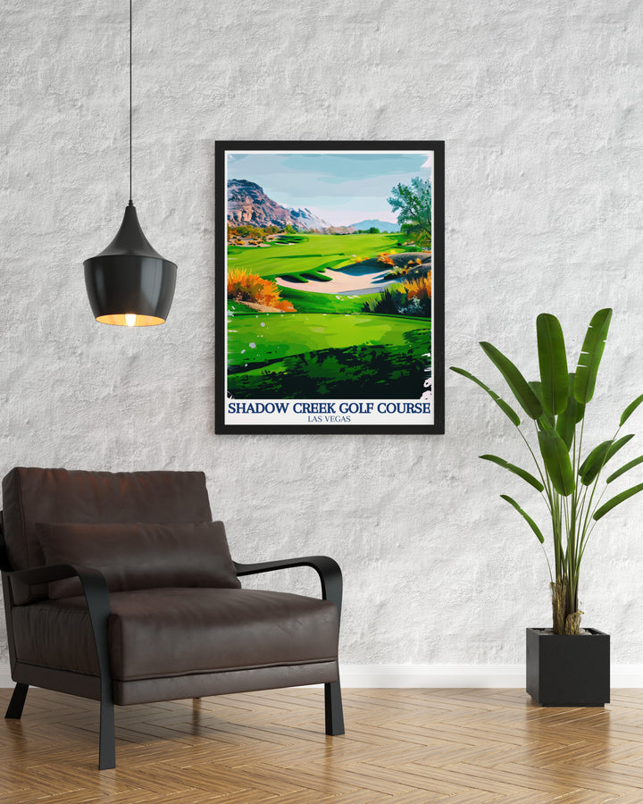 A vibrant poster print showcasing Shadow Creek Golf Course, nestled within the Nevada desert, with the towering Black Mountain in the distance. This golf art captures the serene beauty of one of the world’s most famous courses, perfect for golf enthusiasts looking to decorate their home with a touch of elegance and nature.