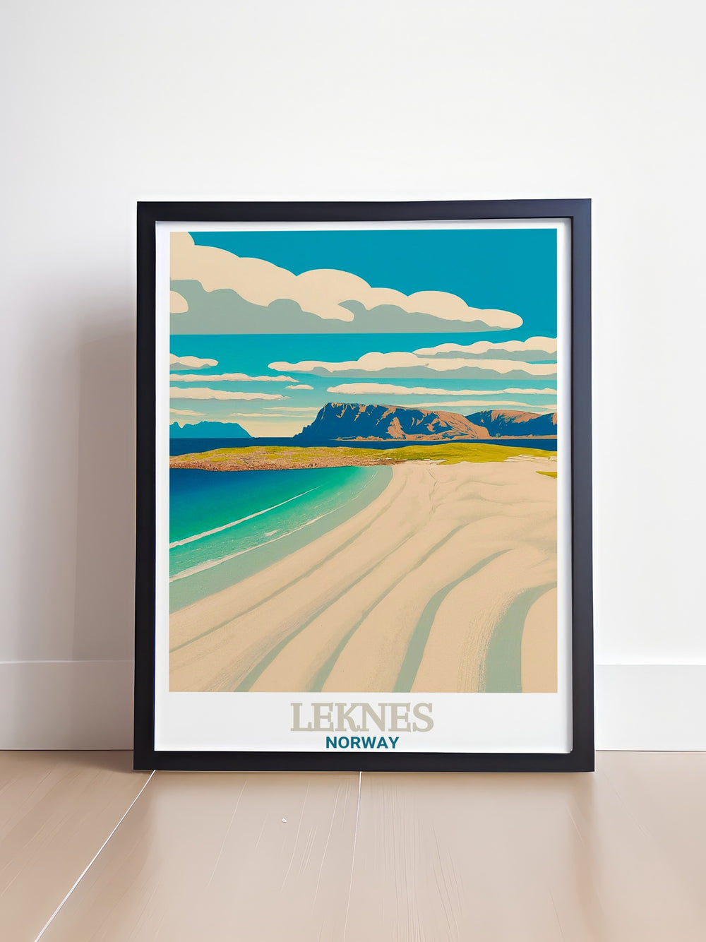 Leknes travel print featuring the coastal charm of Haukland Beach and Norways towering fjords. This poster is perfect for anyone who admires the untouched beauty of the Lofoten Islands.