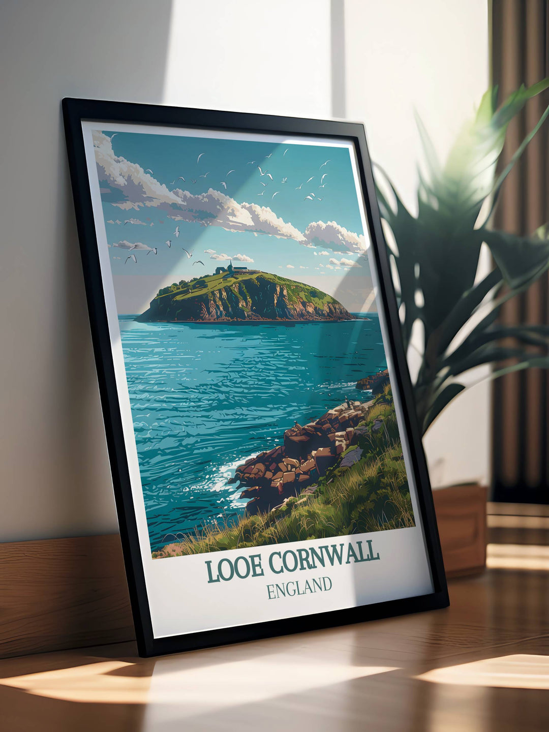 Retro Travel Print of Looe Island highlighting the historic and charming views of Looe Island in classic style ideal for wall decor.