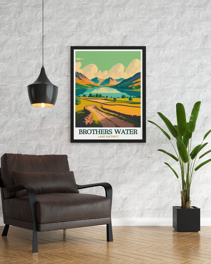 Lake District canvas art featuring Brothers Water offers a breathtaking look at the regions rolling hills and peaceful lakes. Perfect for adding a touch of natural beauty to any space, this framed art is a must have for travelers and nature enthusiasts.