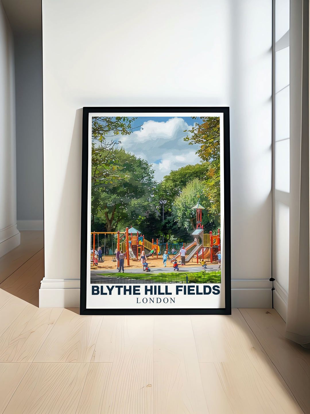 Showcasing the vibrant greenery and panoramic views of Blythe Hill Fields, this art print highlights one of Londons most treasured parks, perfect for adventure seekers and nature lovers.