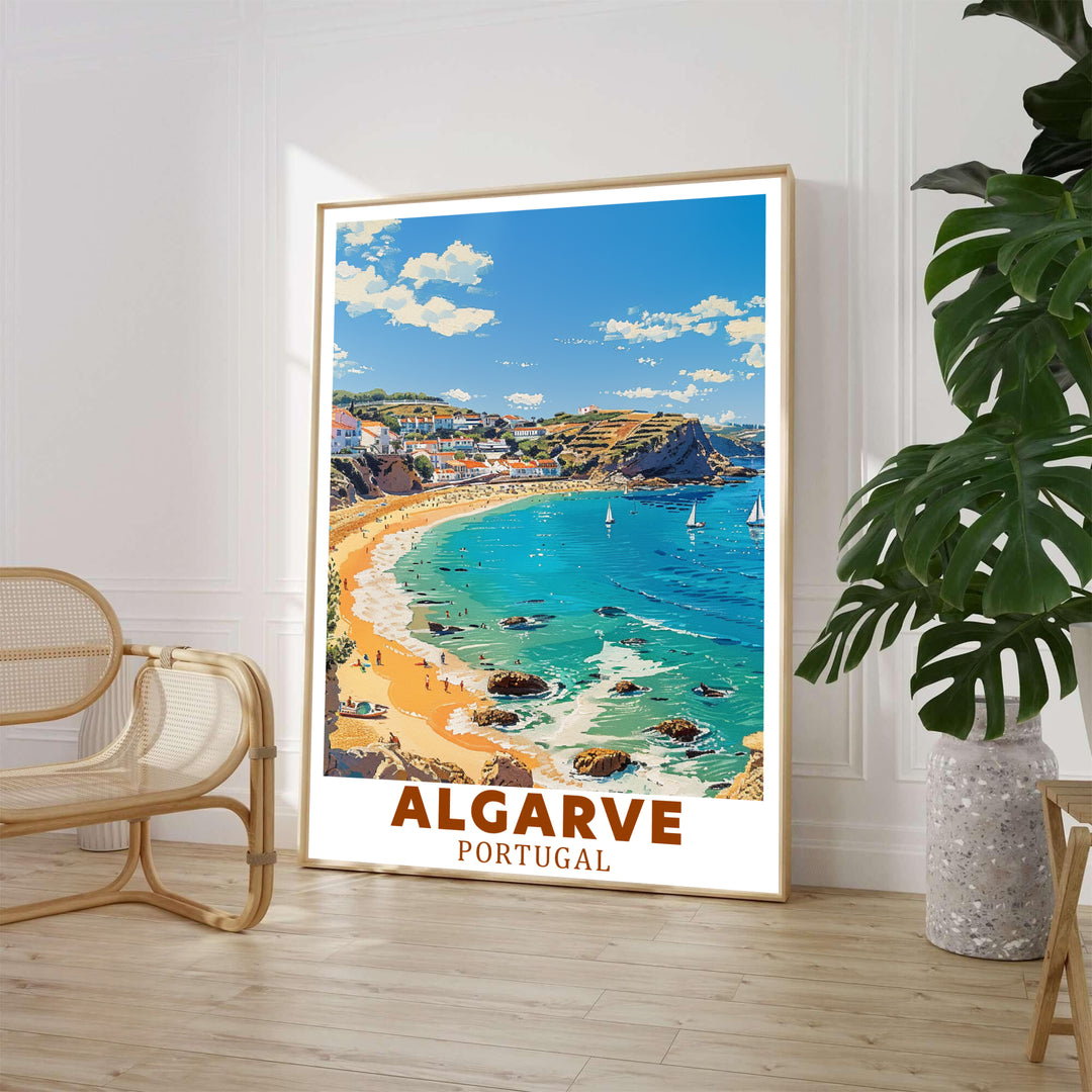 Illustrative vintage travel poster style with rich Mediterranean colors shines in this Lagos, Algarve, Portugal print. MapYourDreams presents professional framed, unframed, and canvas options for home decor.