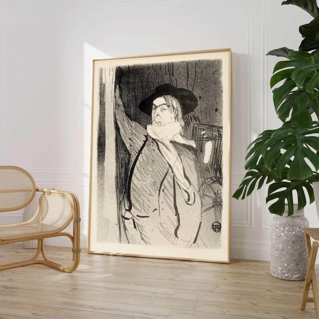Dramatic monochrome European fine art print of Henri de Toulouse-Lautrec Aristide Bruant 1893 in Montmartre Paris France. Discover custom framed, unframed poster, and gallery canvas decor options at MapYourDreams.
