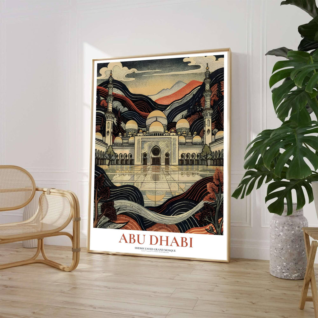 Japanese woodcut illustration of Sheikh Zayed Grand Mosque in Abu Dhabi UAE featuring minarets and intricate linework. Crafted by MapYourDreams, this artwork is available in flexible options including unframed paper, custom wooden frames, and gallery canvas wraps to suit your wall decor.