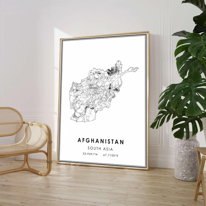 Modern Afghanistan wall art showcasing the country boundary rendered in complex cartographic lines on a white background, offered by MapYourDreams in options including unframed fine art paper, stretched canvas print wall decor, or custom framed posters for contemporary living room gallery walls.