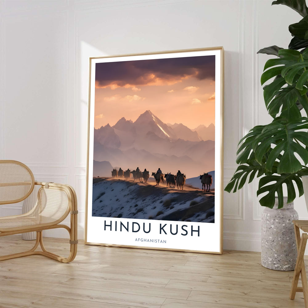 Cinematic Afghanistan Kuchi nomad migration poster set against the snowy peaks of the Hindu Kush range in Afghanistan at dusk, presented by MapYourDreams in choices including unframed paper print decor, stretched canvas print wall art, or custom framed posters in classic black frames for living room spaces.